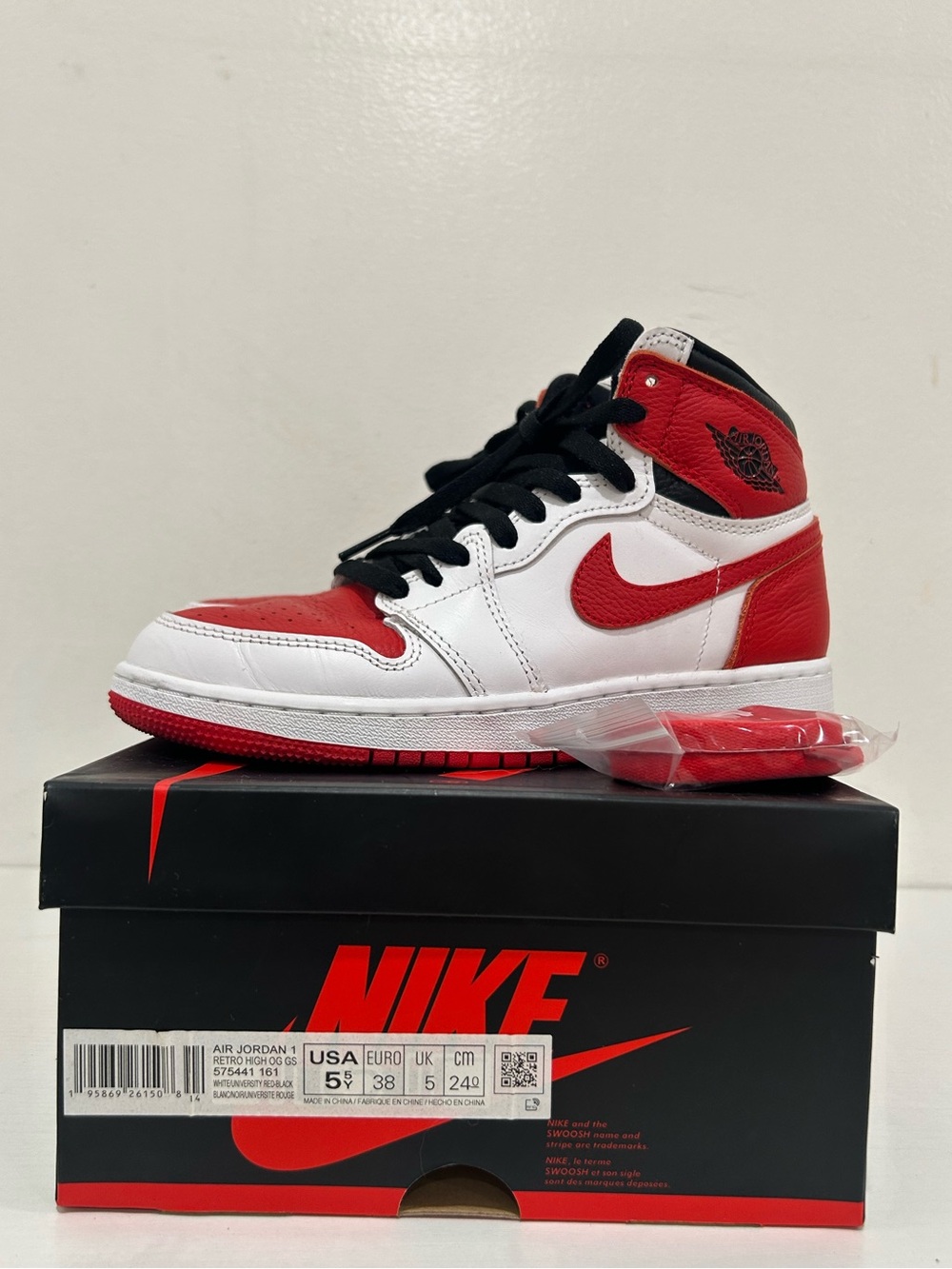 Nike Air Jordan 1 Retro High OG GS White & University Red Sneakers​, Size 5.5Y